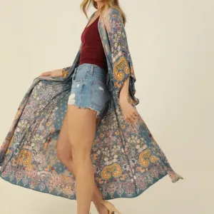 028 - Bleach Tie Dye Printed Duster Kimono Blue