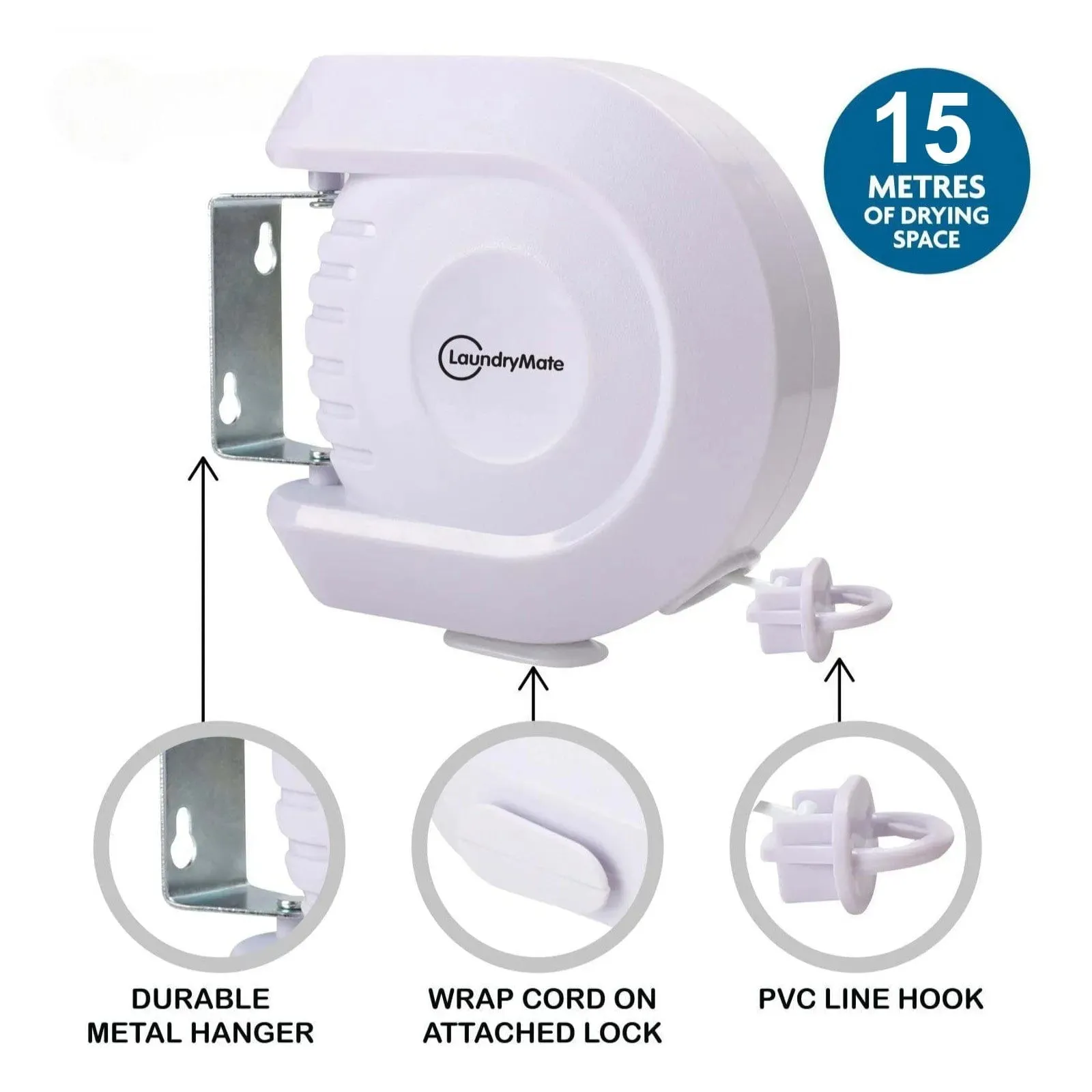 15m Retractable Washing Line Wall Mounted Clothes Reel for Indoor or Outdoor Use