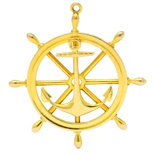 1950's Ship's Wheel 14 Karat Yellow Gold Nautical Pendant