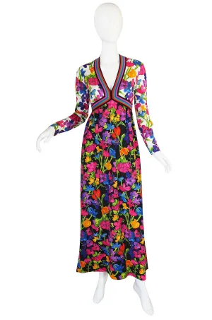 1960s Multi Color Goldworm Plunge Maxi Dress