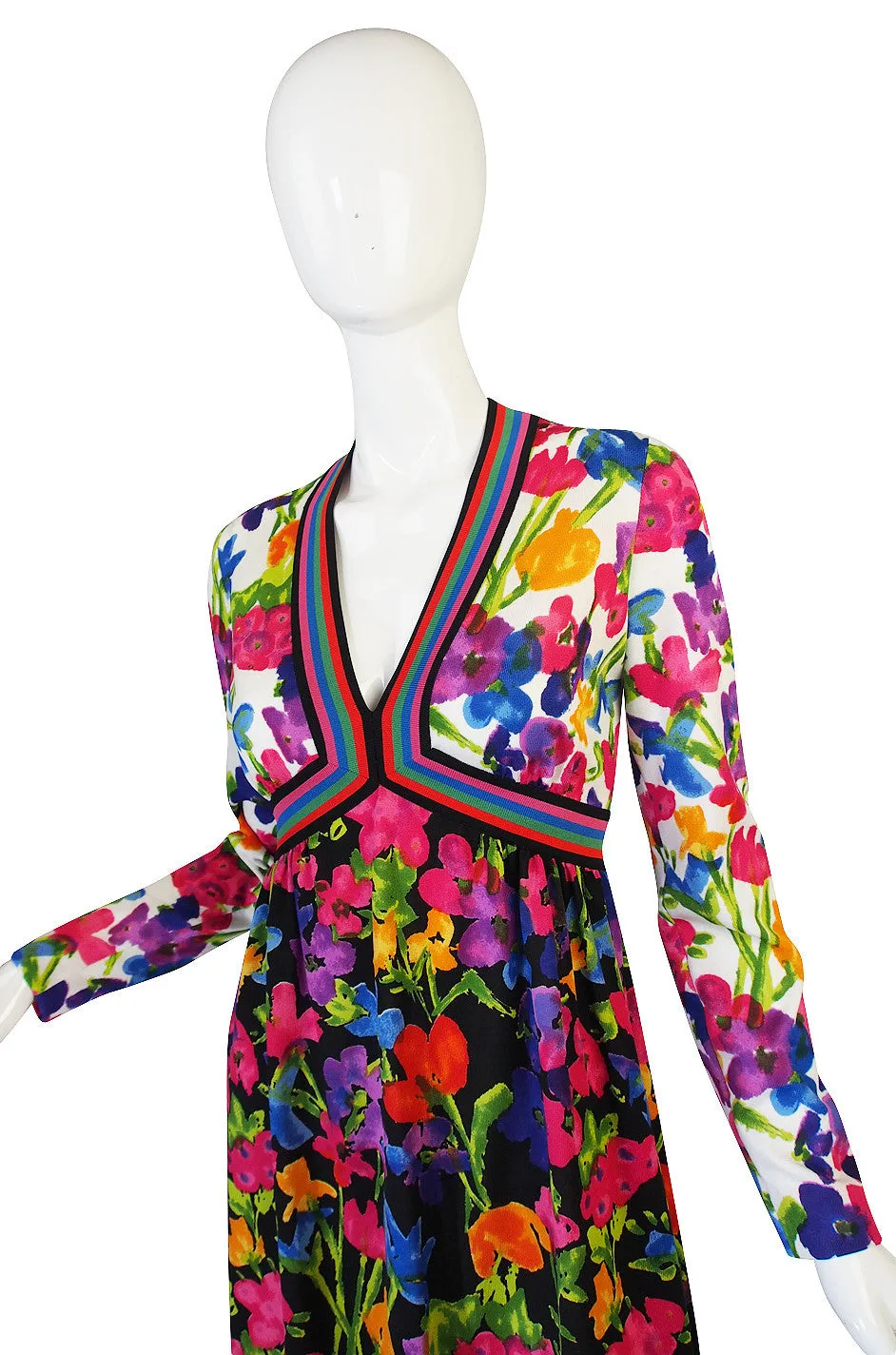 1960s Multi Color Goldworm Plunge Maxi Dress