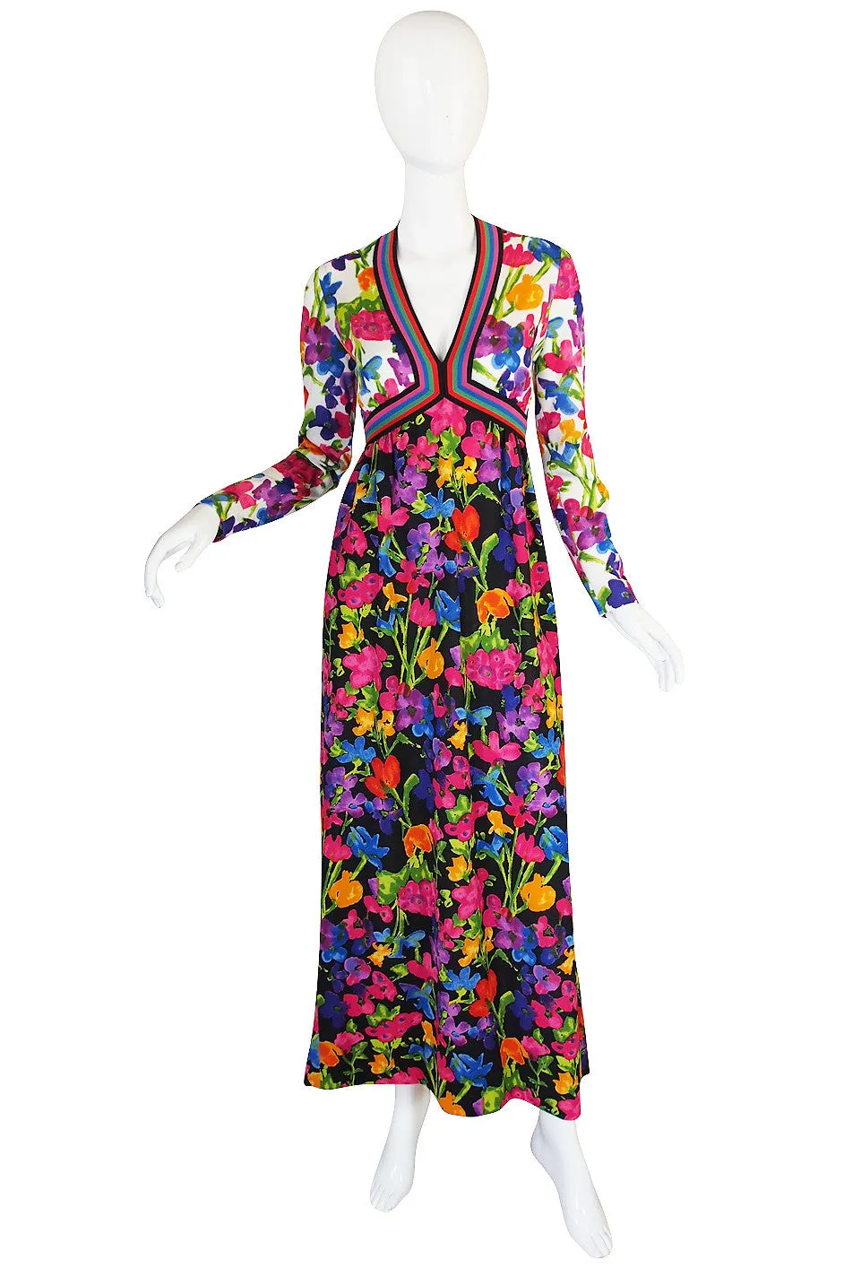 1960s Multi Color Goldworm Plunge Maxi Dress