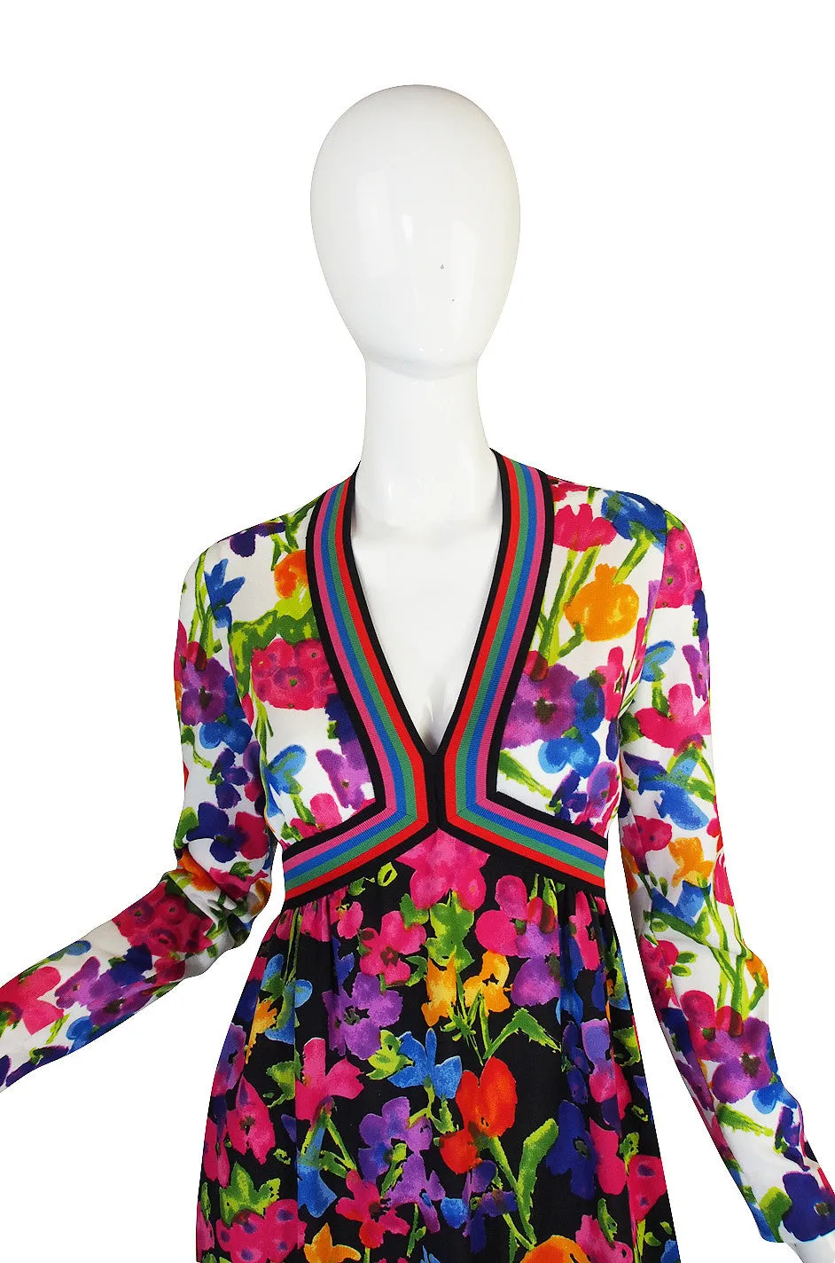 1960s Multi Color Goldworm Plunge Maxi Dress