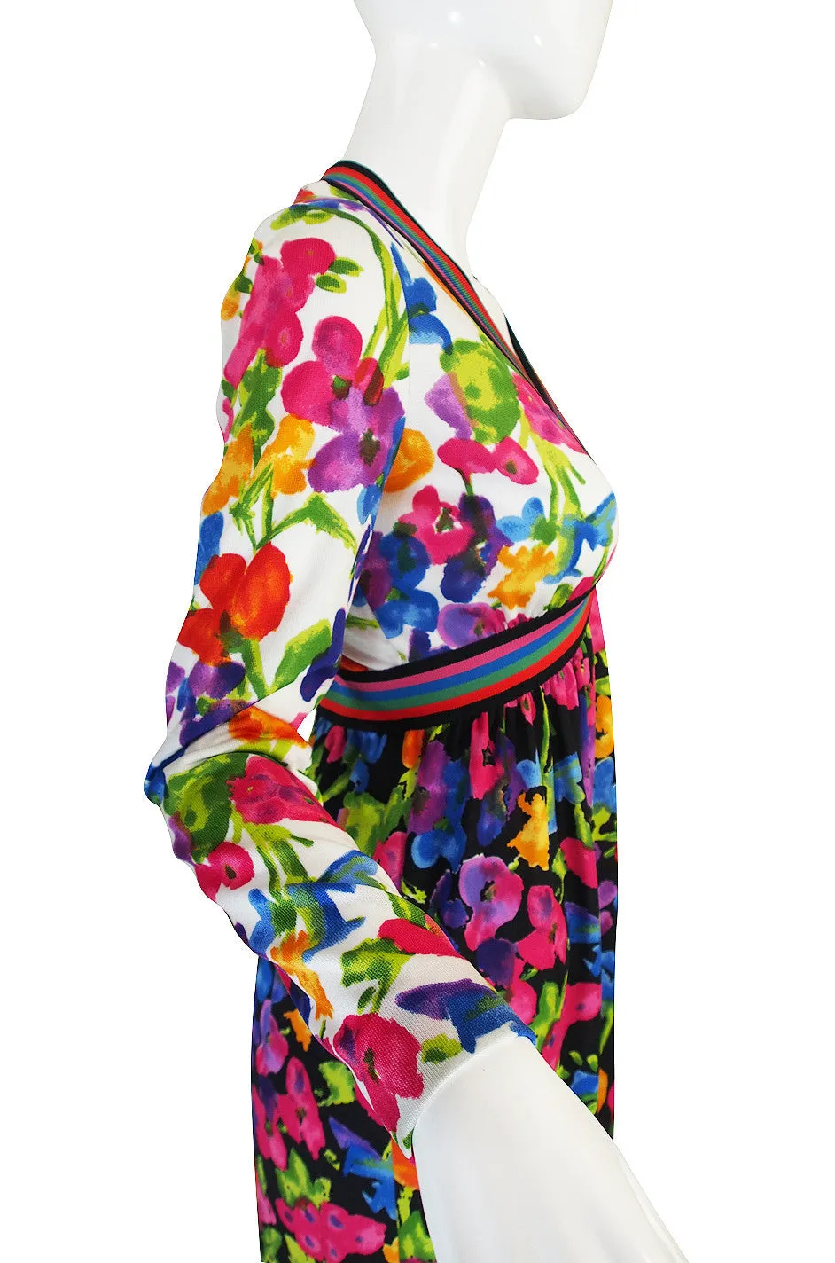 1960s Multi Color Goldworm Plunge Maxi Dress