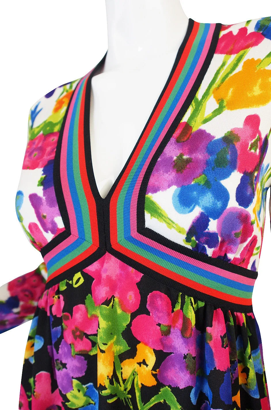 1960s Multi Color Goldworm Plunge Maxi Dress