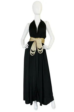 1980 Bill Tice Plunge Black & Gold Backless Halter Dress