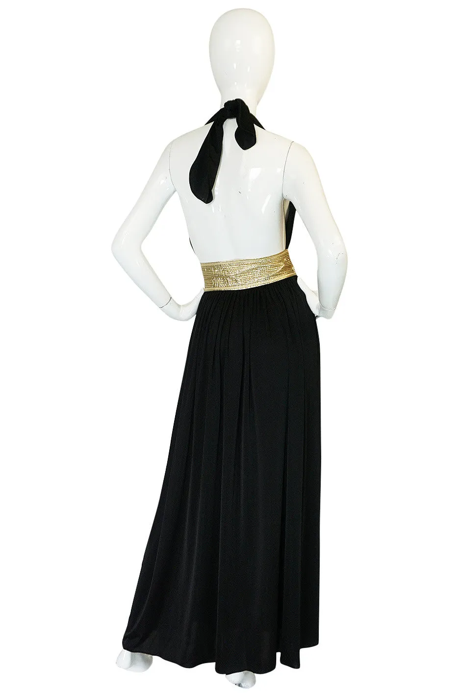 1980 Bill Tice Plunge Black & Gold Backless Halter Dress