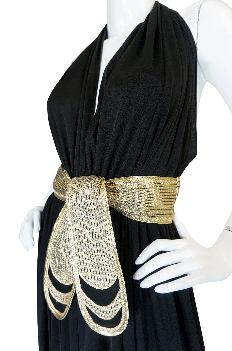 1980 Bill Tice Plunge Black & Gold Backless Halter Dress