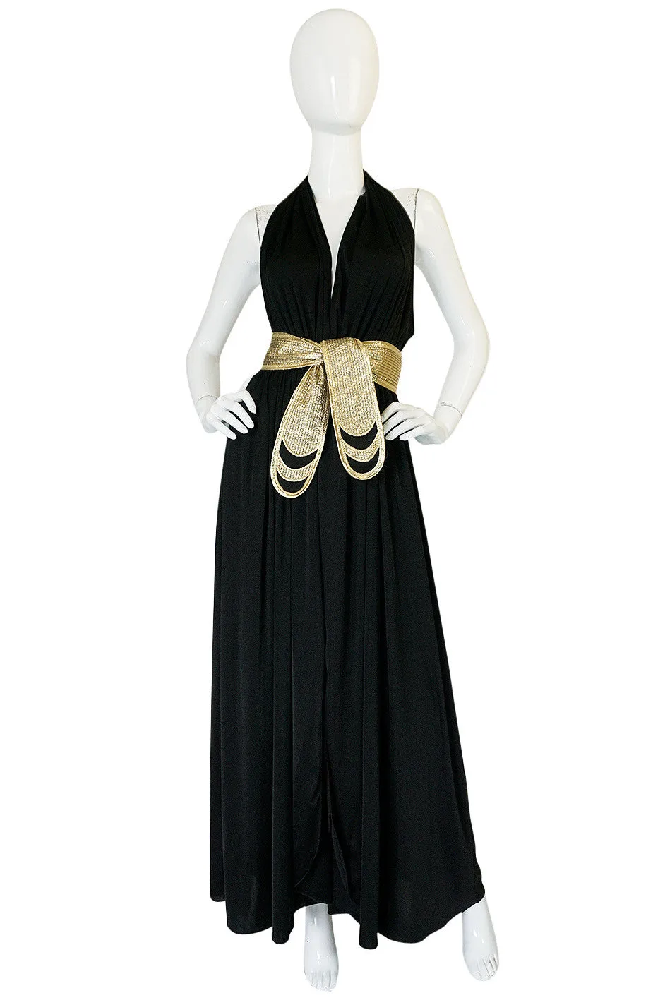 1980 Bill Tice Plunge Black & Gold Backless Halter Dress