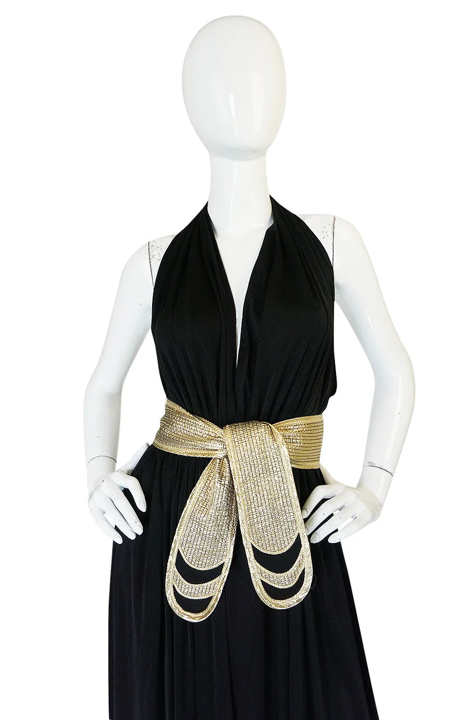 1980 Bill Tice Plunge Black & Gold Backless Halter Dress