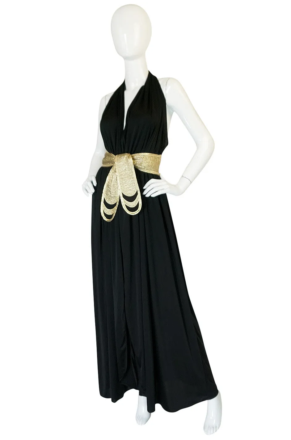 1980 Bill Tice Plunge Black & Gold Backless Halter Dress