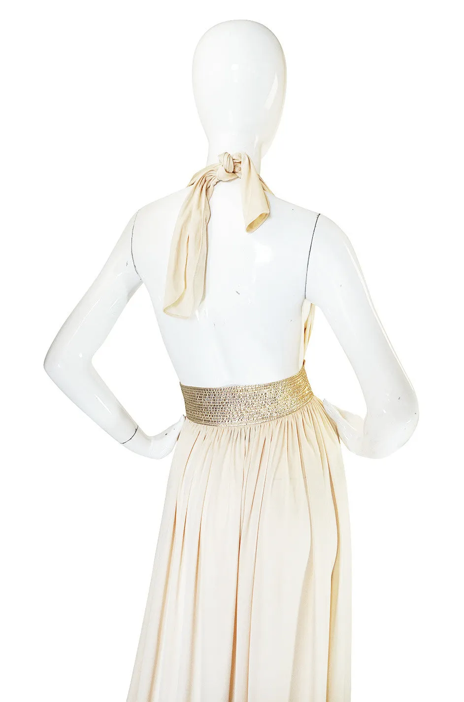 1980 Bill Tice Plunge Cream & Gold Backless Dress