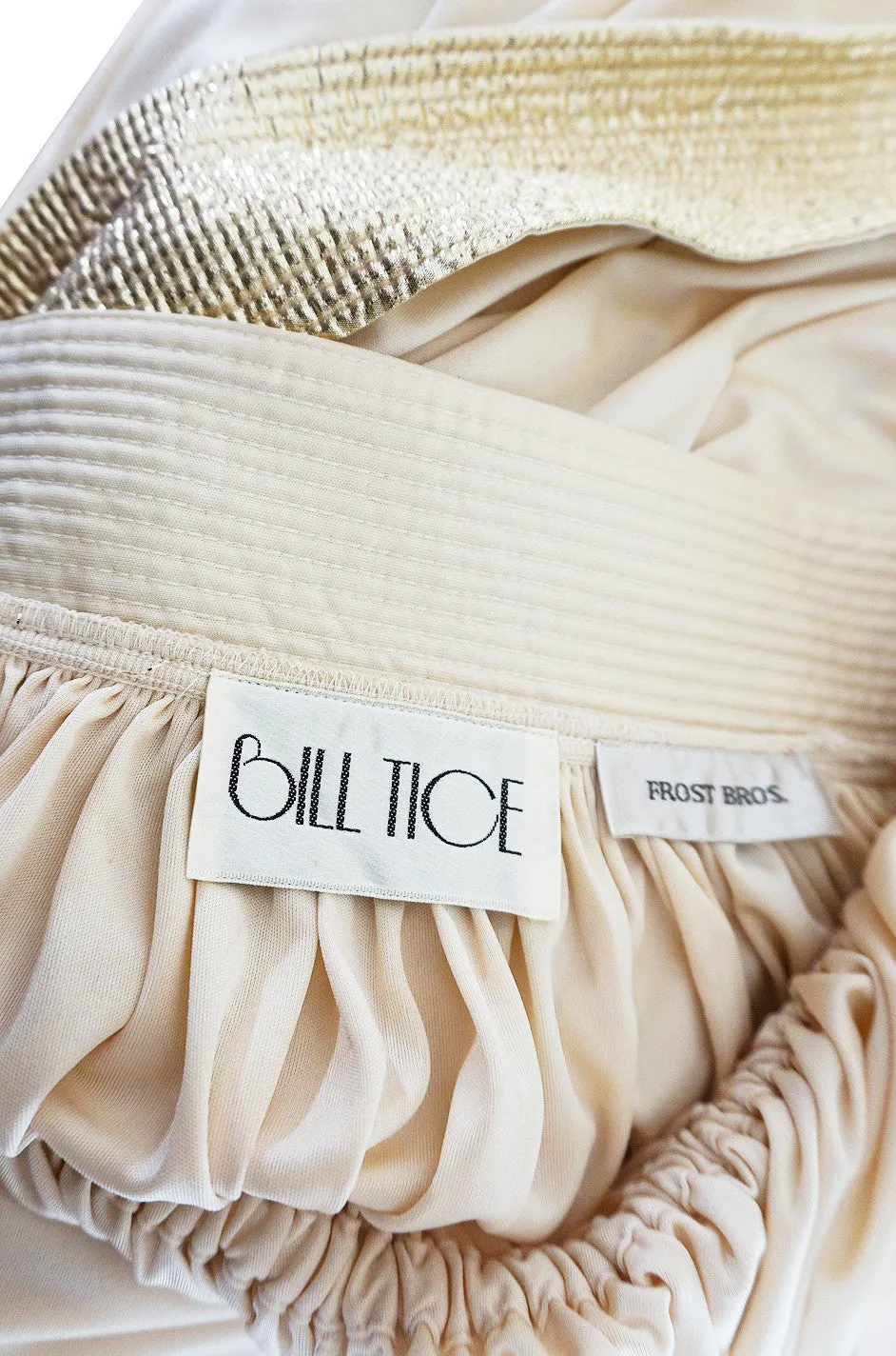 1980 Bill Tice Plunge Cream & Gold Backless Dress