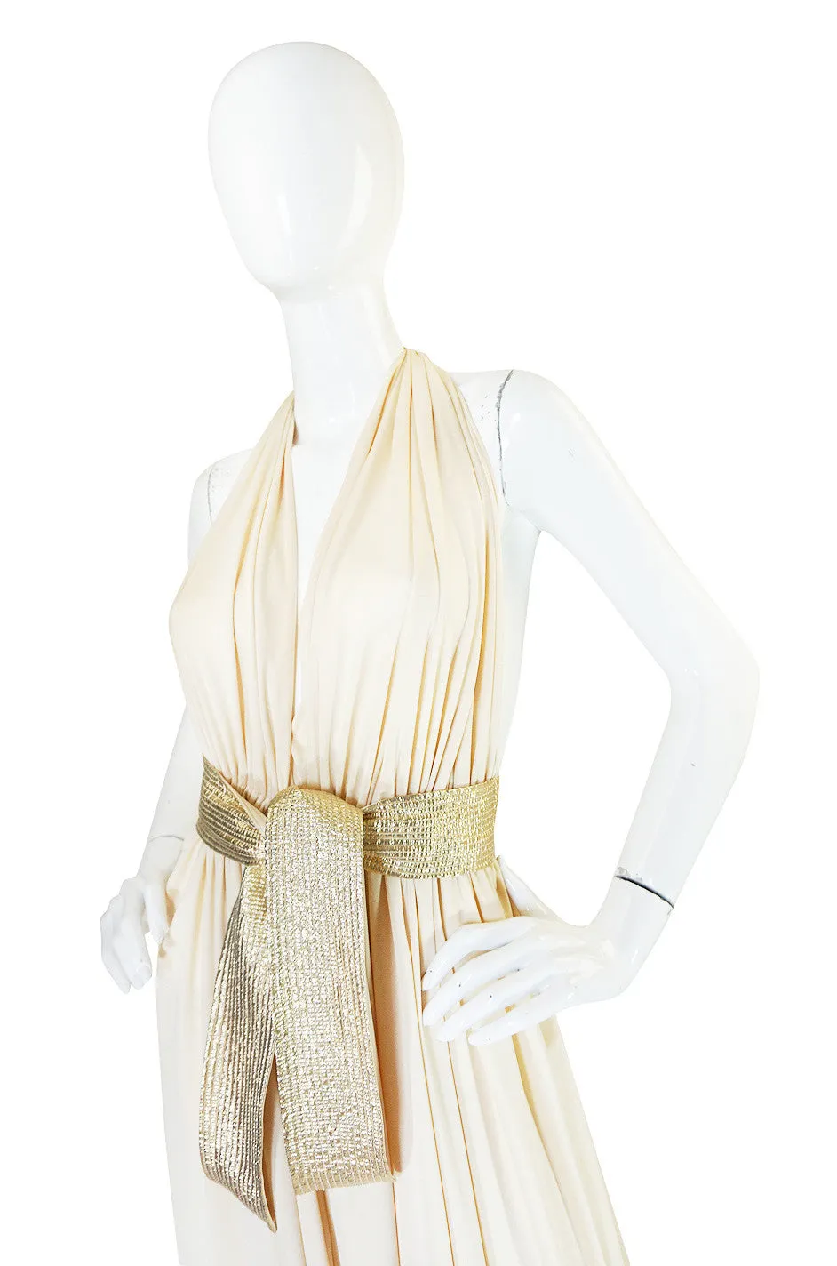 1980 Bill Tice Plunge Cream & Gold Backless Dress