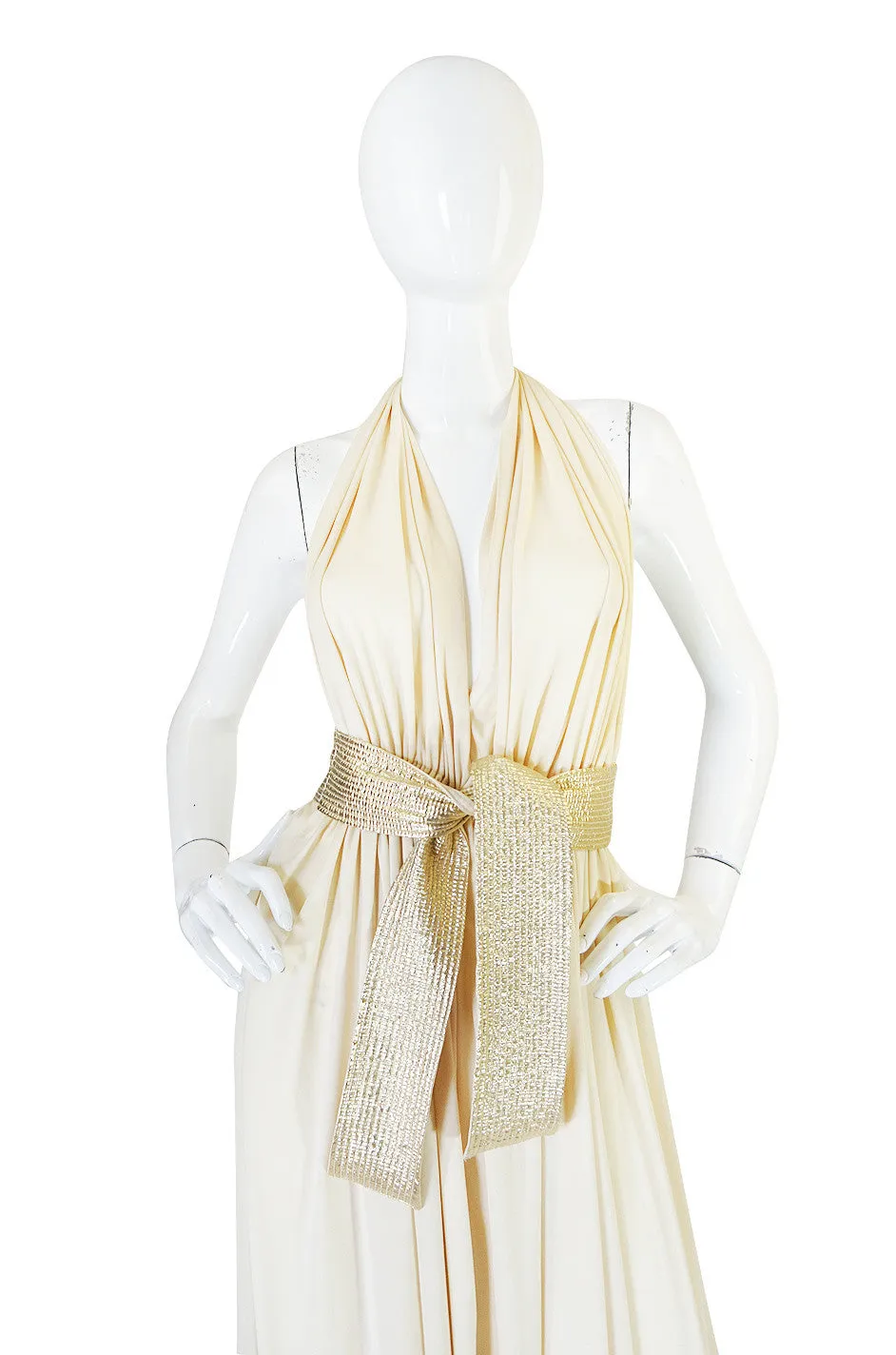 1980 Bill Tice Plunge Cream & Gold Backless Dress