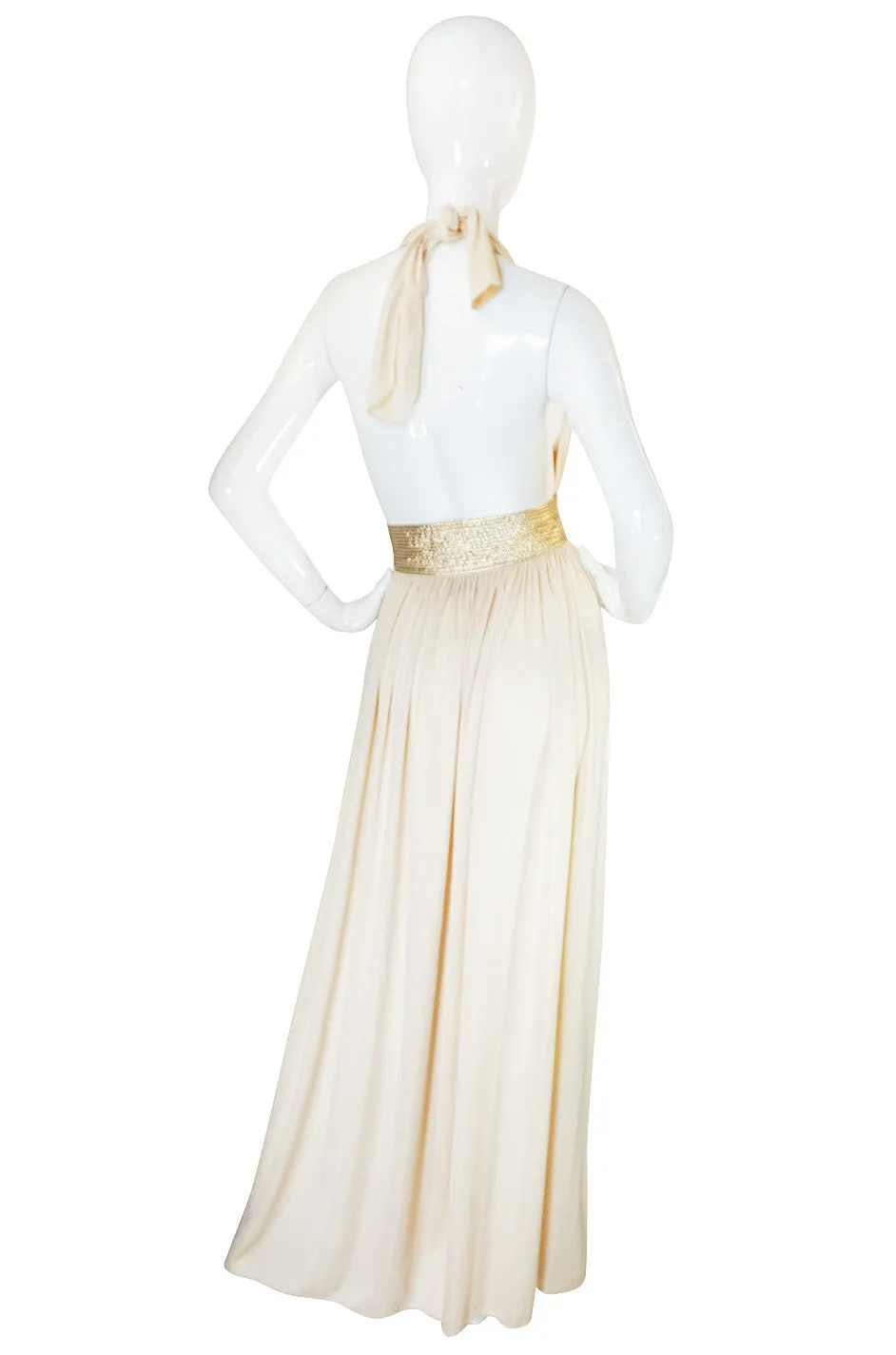 1980 Bill Tice Plunge Cream & Gold Backless Dress