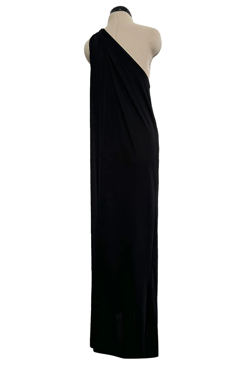1981 Bill Tice Black One Shoulder Jersey Dress w Gold Lame Flower Detailing