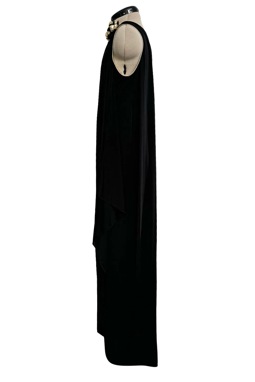 1981 Bill Tice Black One Shoulder Jersey Dress w Gold Lame Flower Detailing