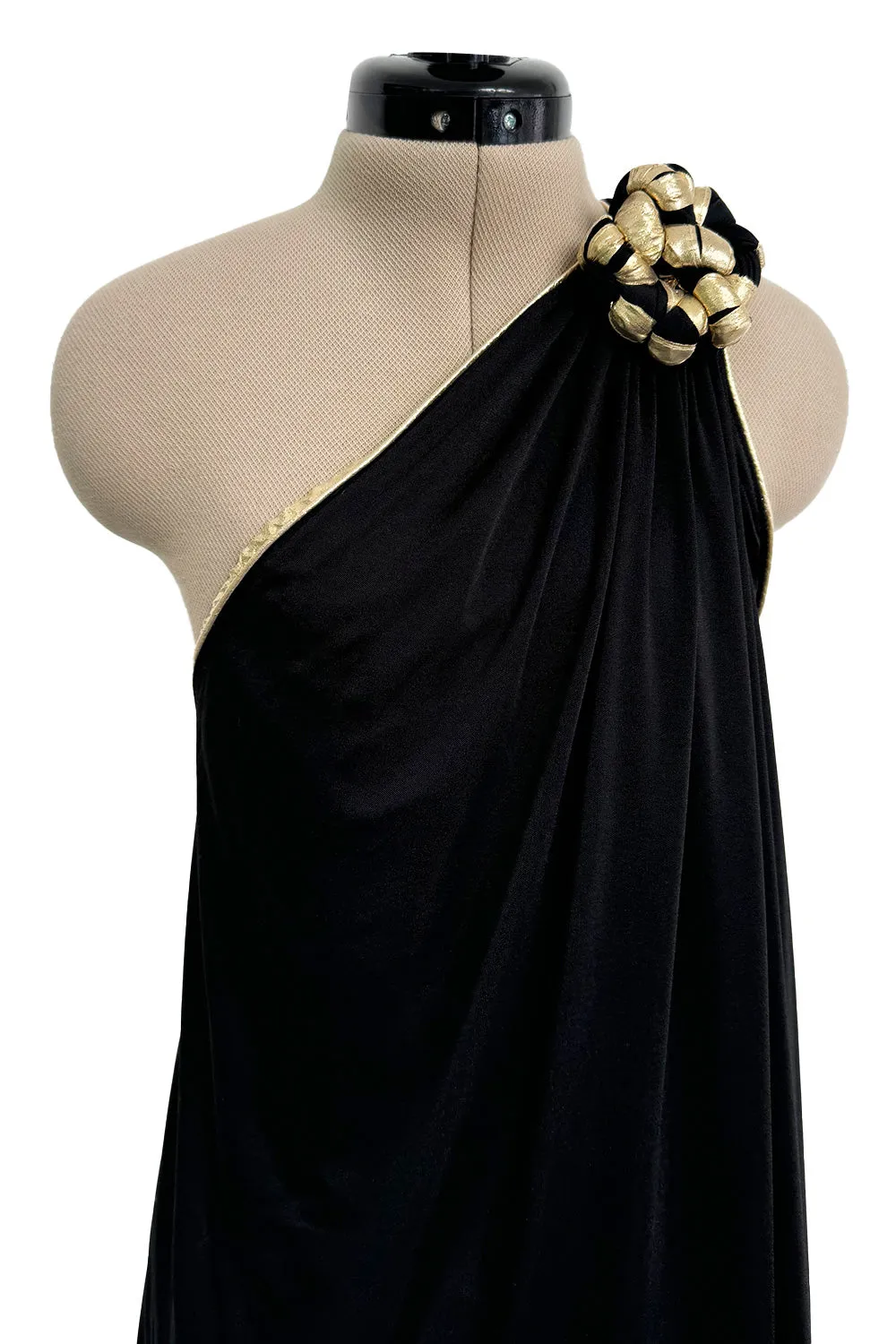 1981 Bill Tice Black One Shoulder Jersey Dress w Gold Lame Flower Detailing