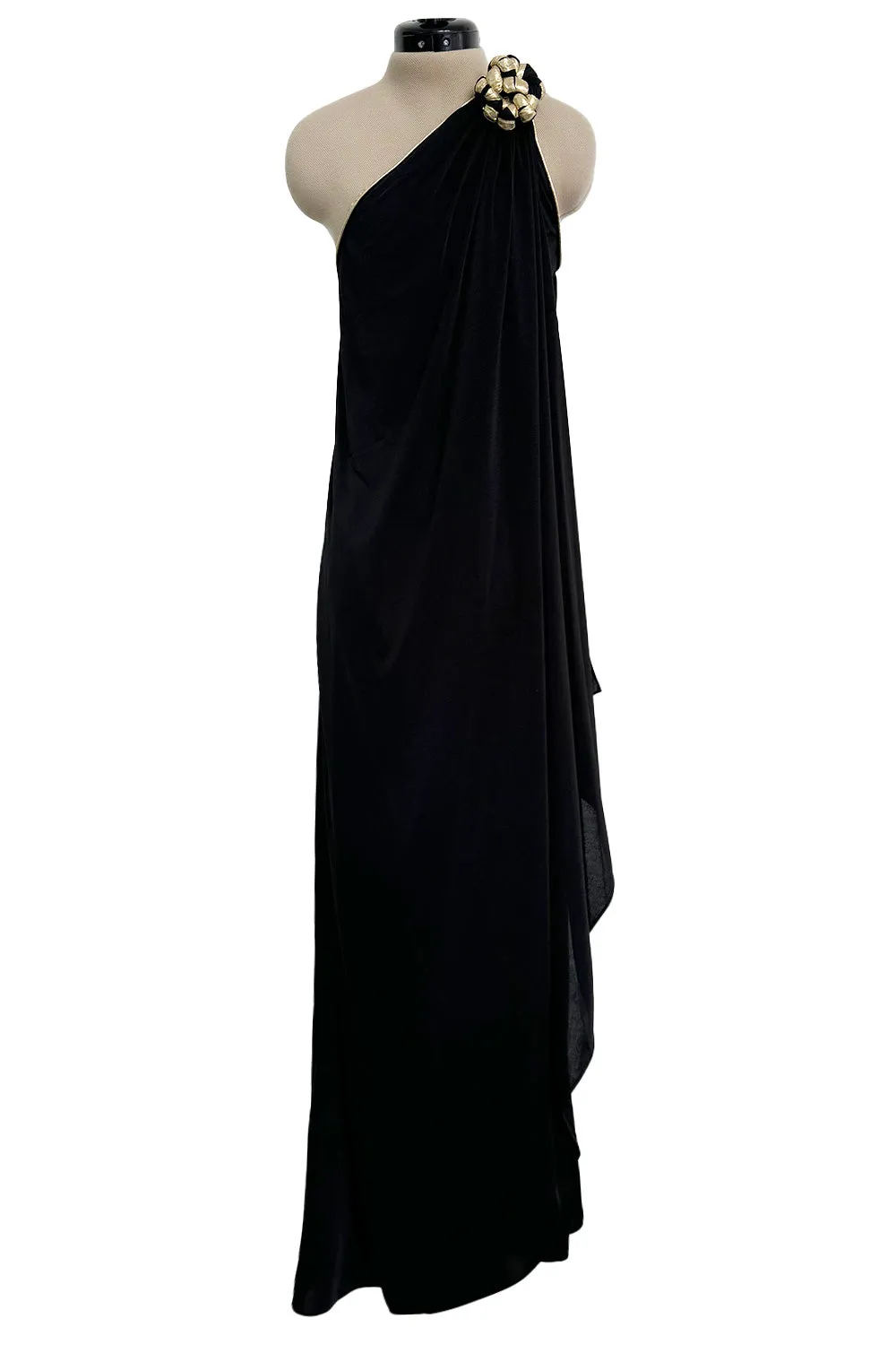 1981 Bill Tice Black One Shoulder Jersey Dress w Gold Lame Flower Detailing