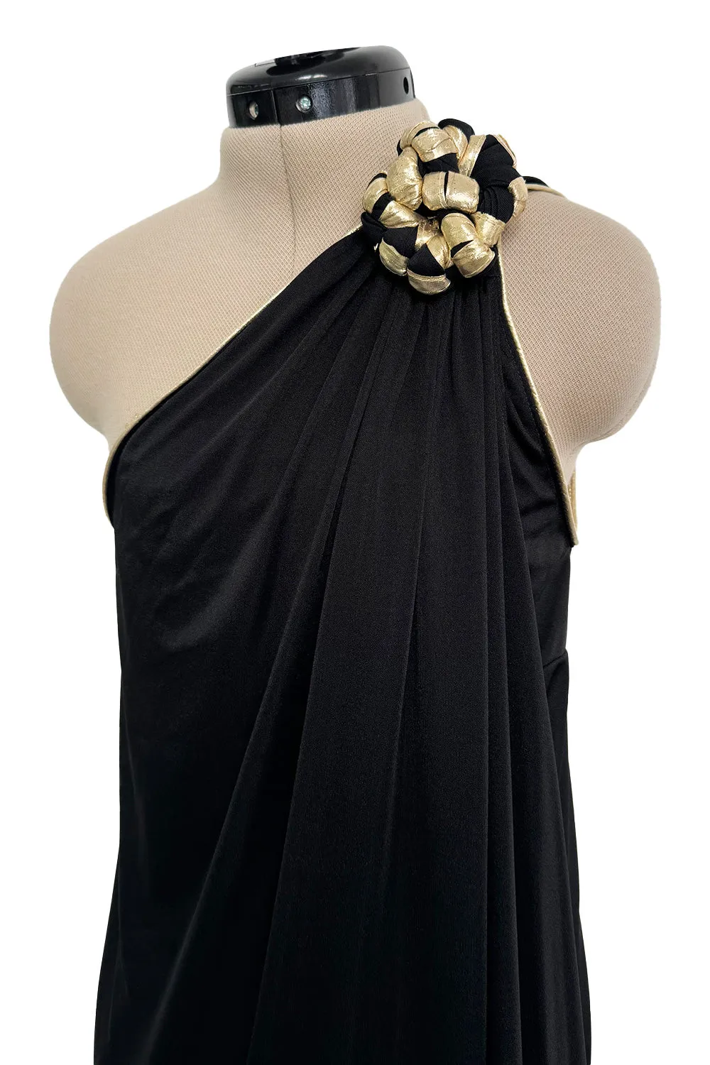 1981 Bill Tice Black One Shoulder Jersey Dress w Gold Lame Flower Detailing