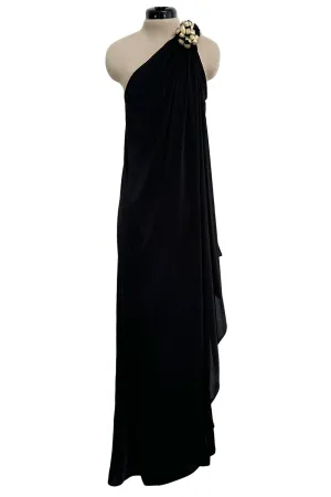 1981 Bill Tice Black One Shoulder Jersey Dress w Gold Lame Flower Detailing
