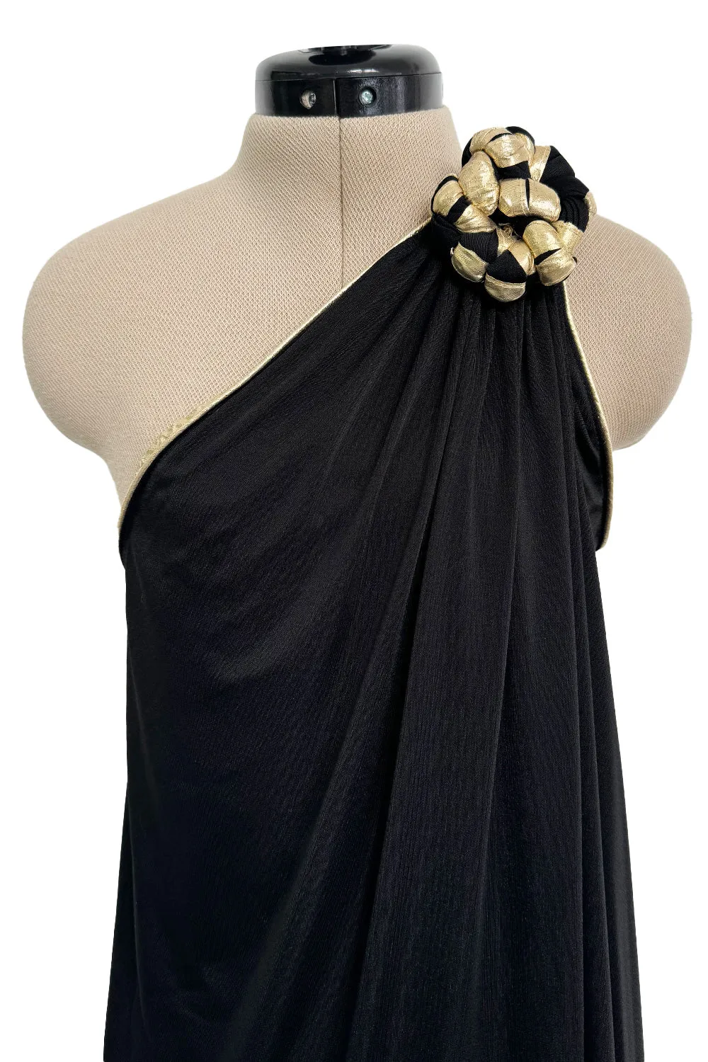 1981 Bill Tice Black One Shoulder Jersey Dress w Gold Lame Flower Detailing