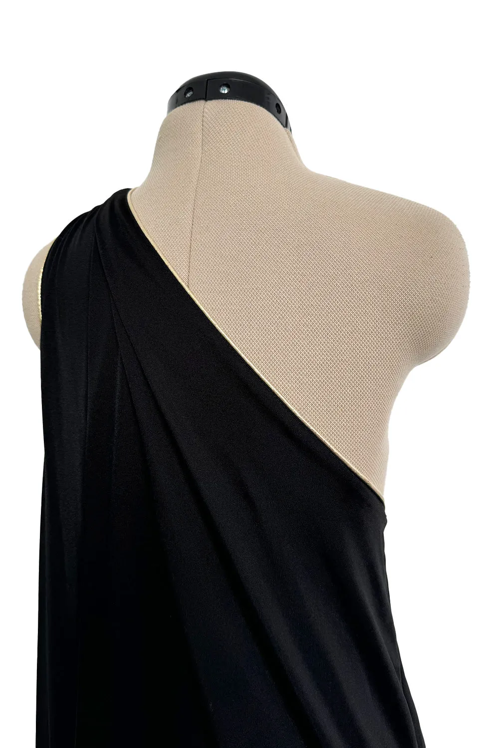 1981 Bill Tice Black One Shoulder Jersey Dress w Gold Lame Flower Detailing