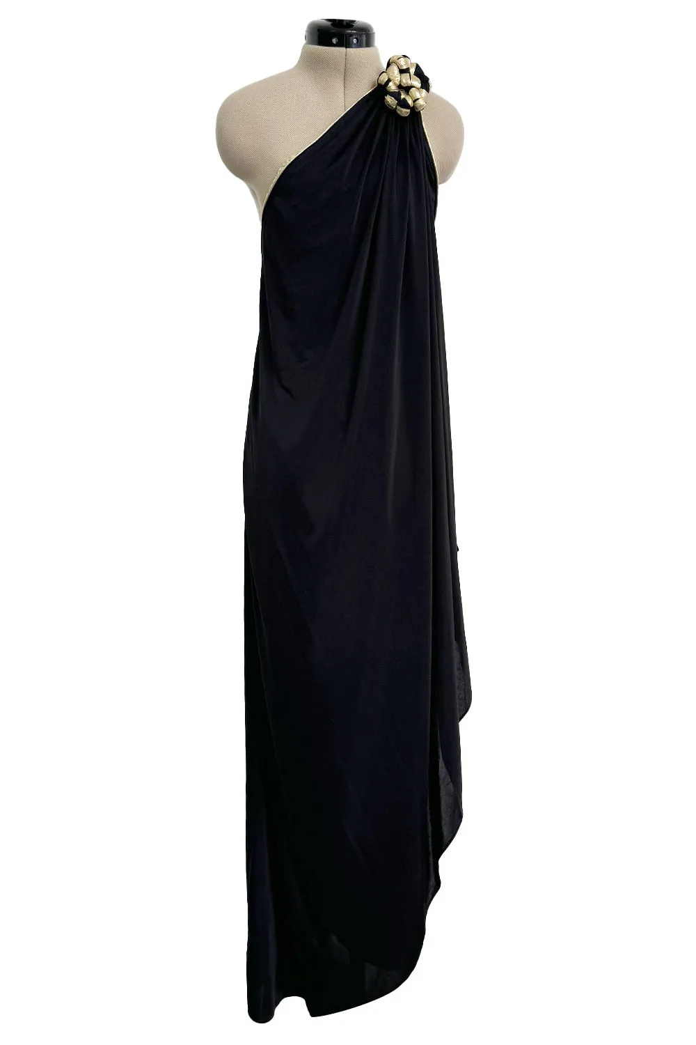 1981 Bill Tice Black One Shoulder Jersey Dress w Gold Lame Flower Detailing