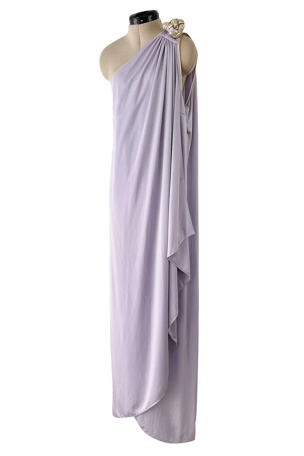 1981 Bill Tice Lilac One Shoulder Jersey Dress w Gold Lame Flower Detailing