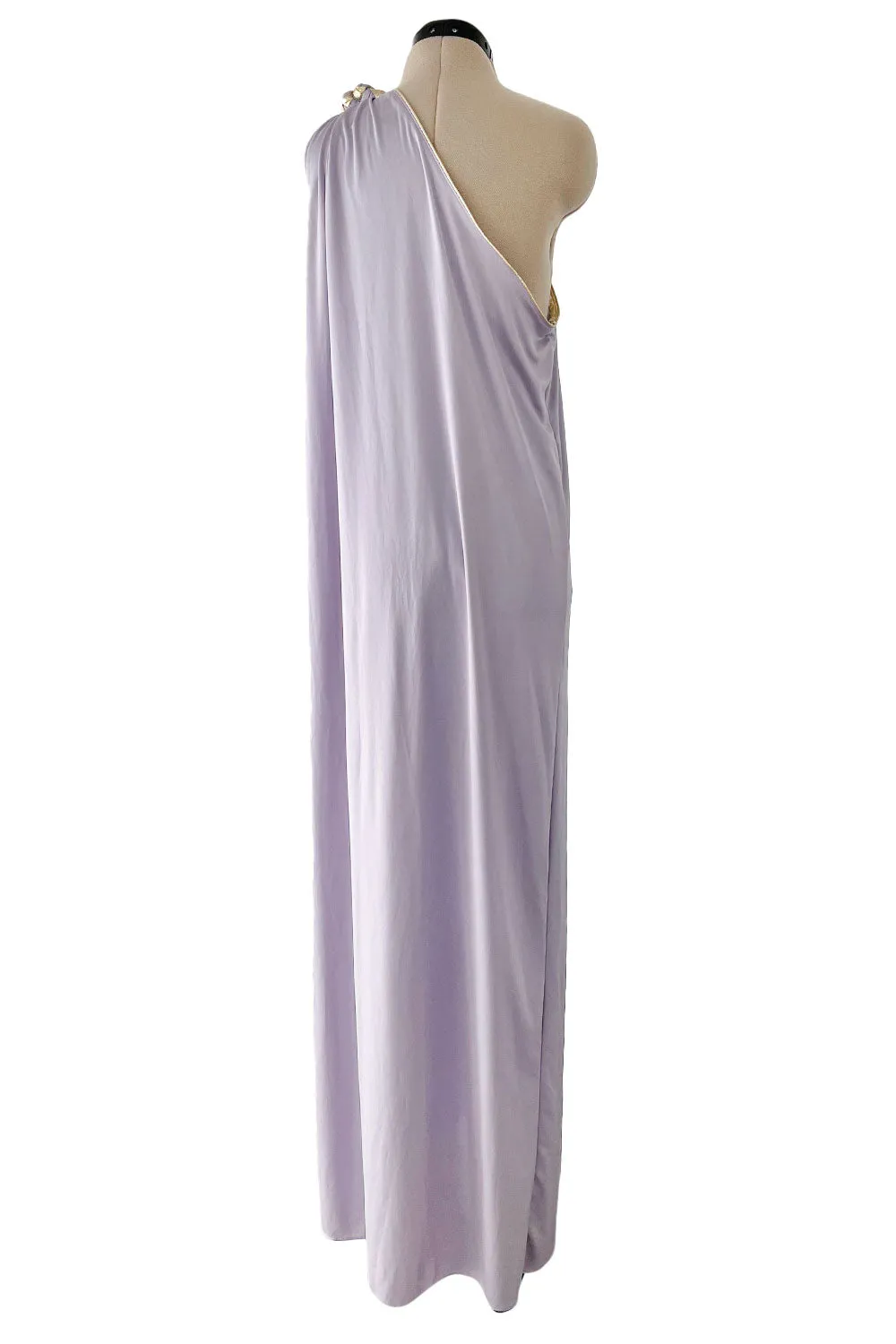 1981 Bill Tice Lilac One Shoulder Jersey Dress w Gold Lame Flower Detailing