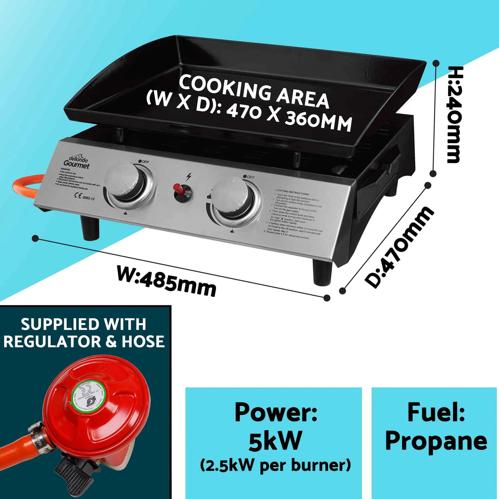 2 Burner Portable Gas Plancha 5kW BBQ Griddle, Stainless Steel with Cover & Trolley - DG249