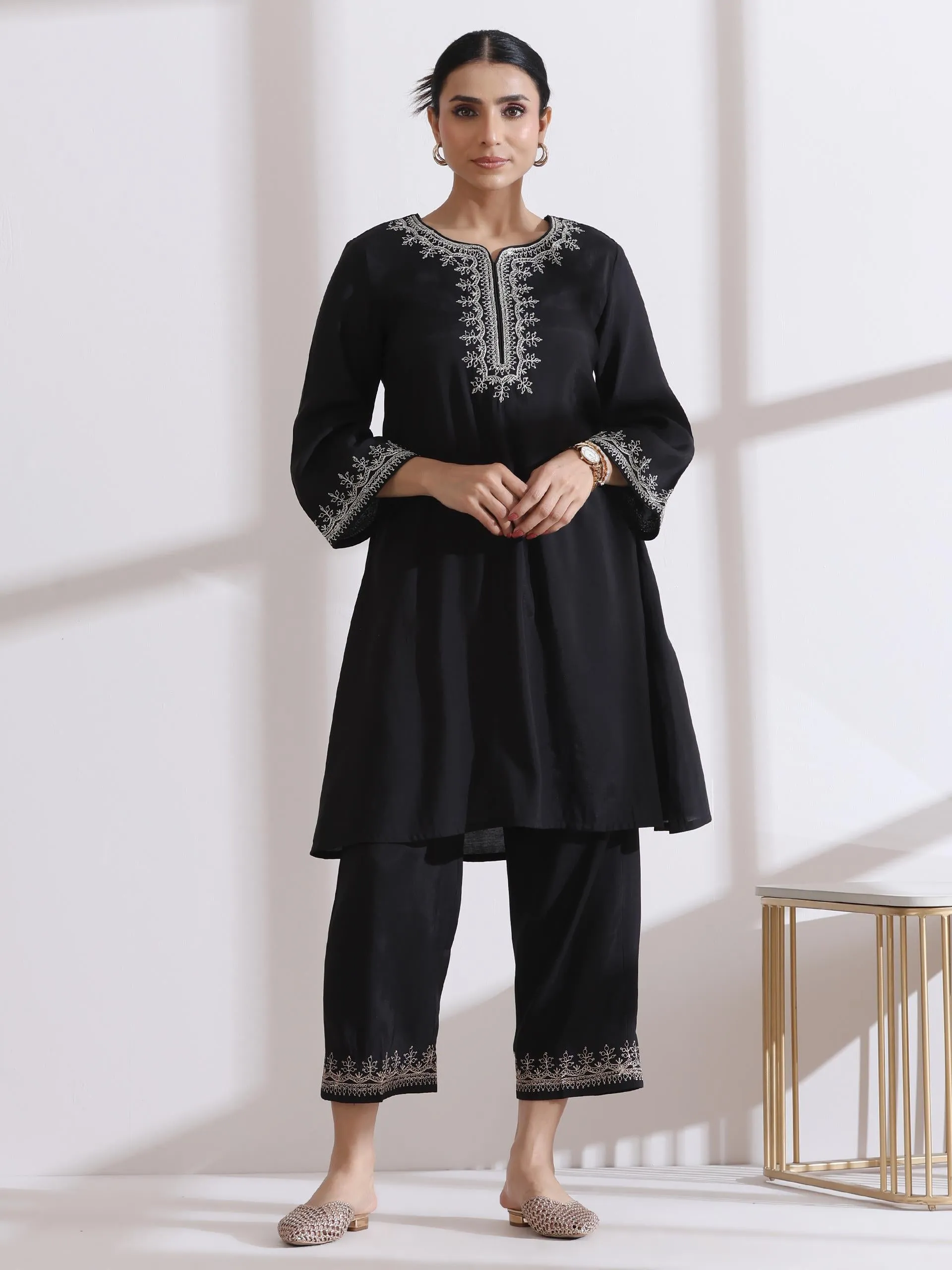 2 Pc Set - Airskin Black Kurta With Embroidery And Pants