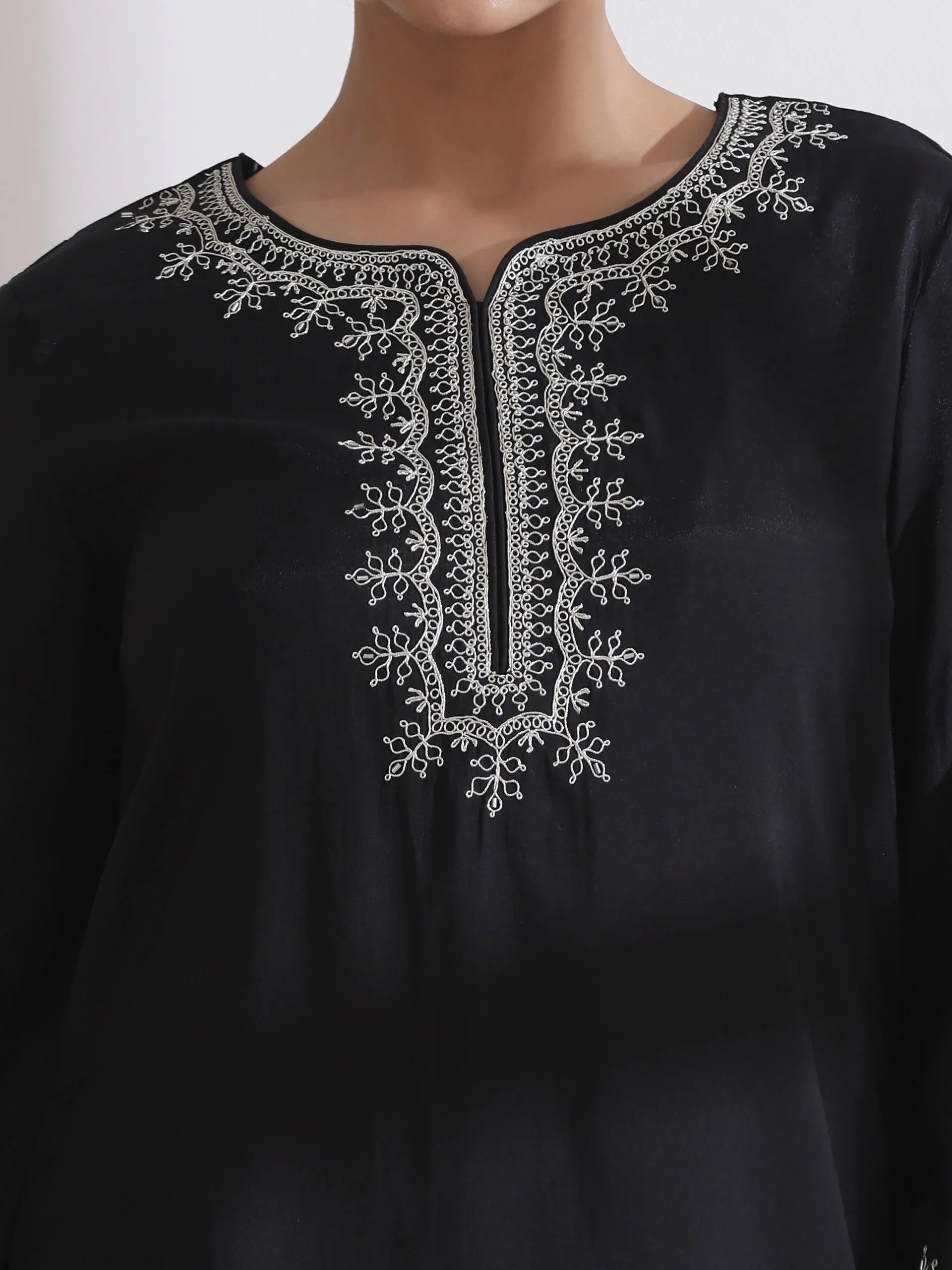 2 Pc Set - Airskin Black Kurta With Embroidery And Pants