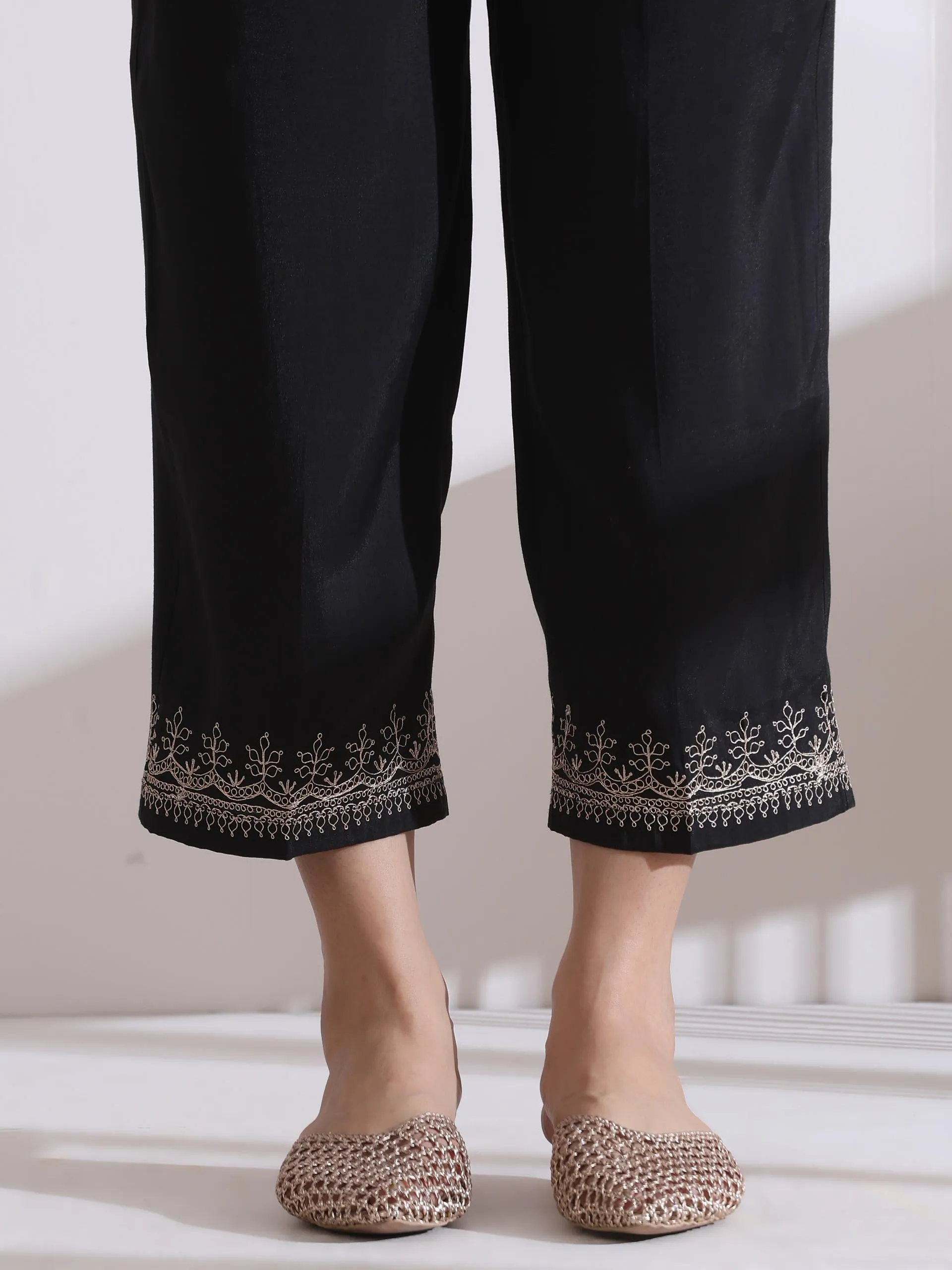 2 Pc Set - Airskin Black Kurta With Embroidery And Pants