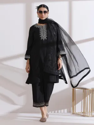2 Pc Set - Airskin Black Kurta With Embroidery And Pants