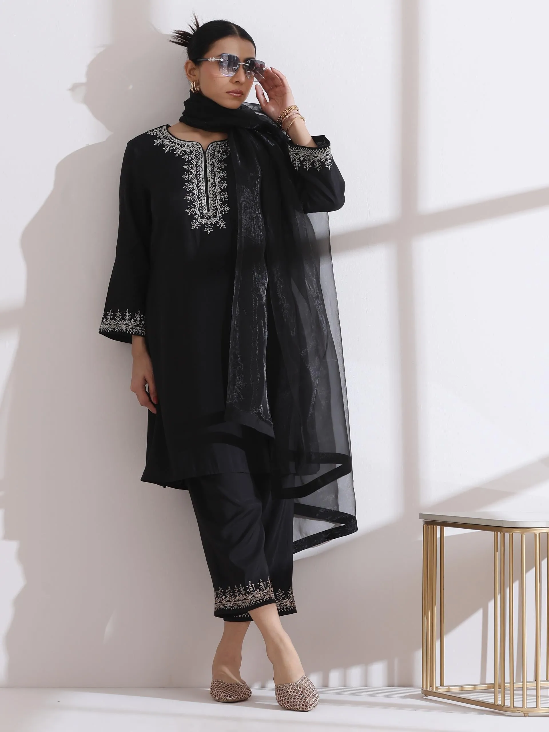 2 Pc Set - Airskin Black Kurta With Embroidery And Pants