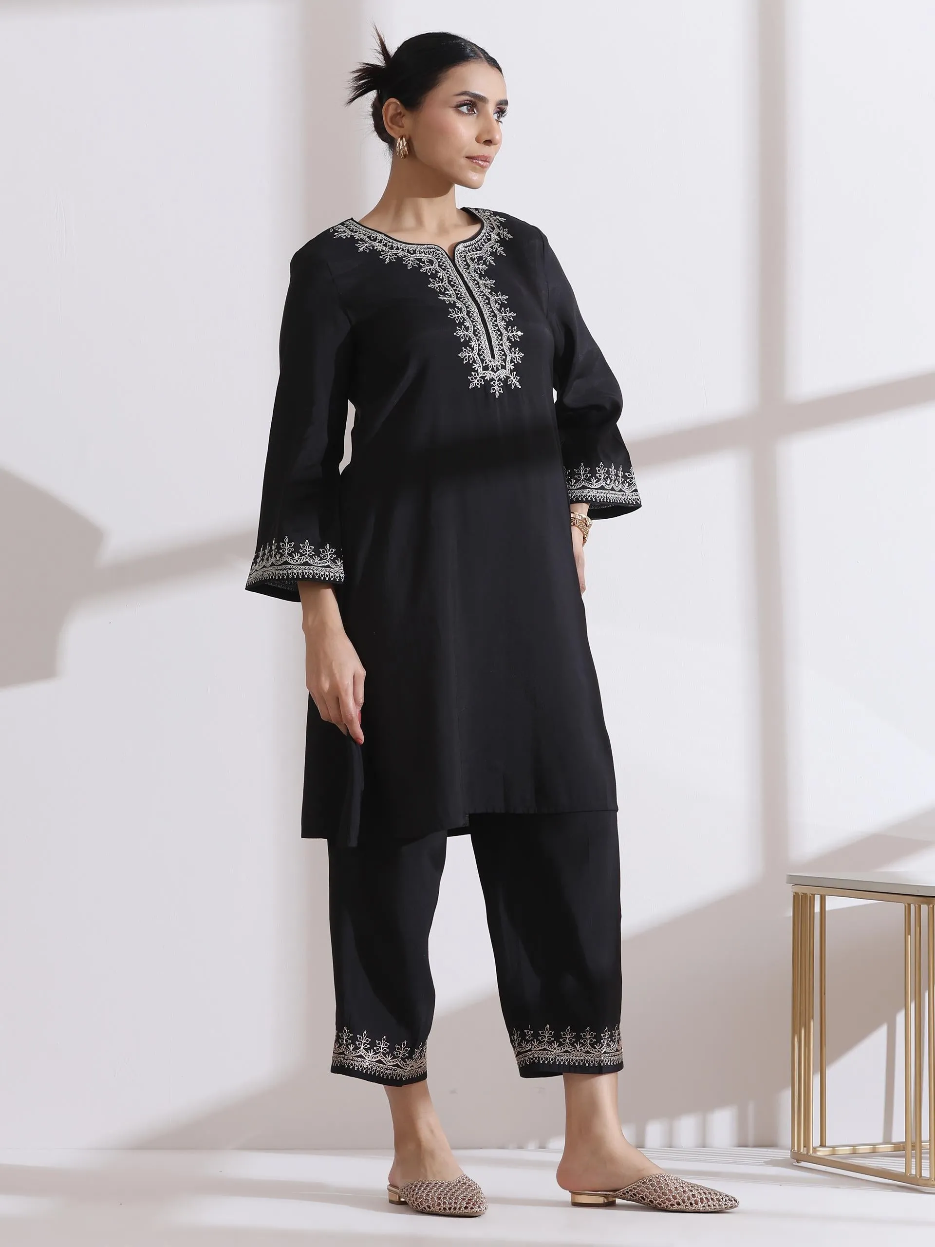 2 Pc Set - Airskin Black Kurta With Embroidery And Pants