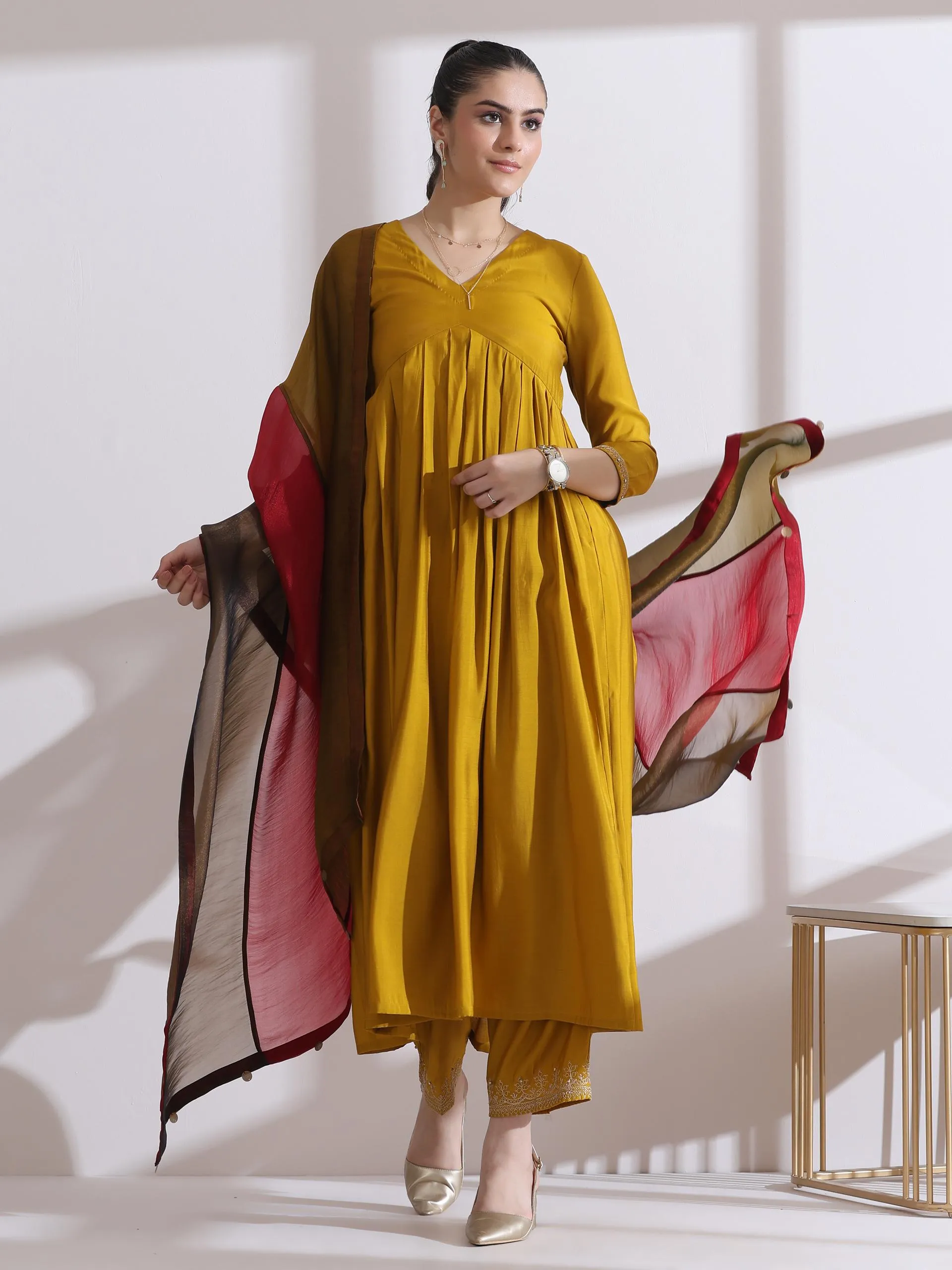 2 Pc Set - Airskin Mustard Kurta With Embroidery On Sleeve And Pants
