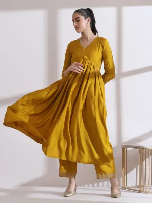 2 Pc Set - Airskin Mustard Kurta With Embroidery On Sleeve And Pants
