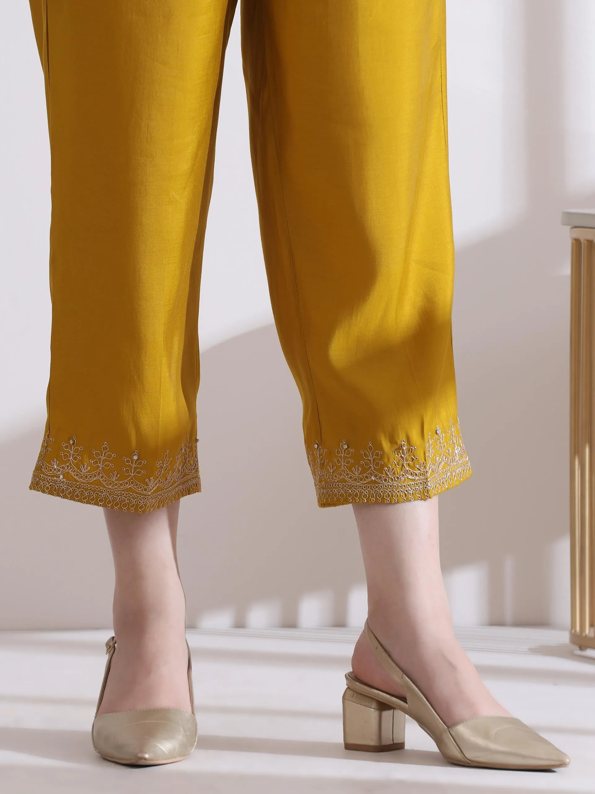 2 Pc Set - Airskin Mustard Kurta With Embroidery On Sleeve And Pants