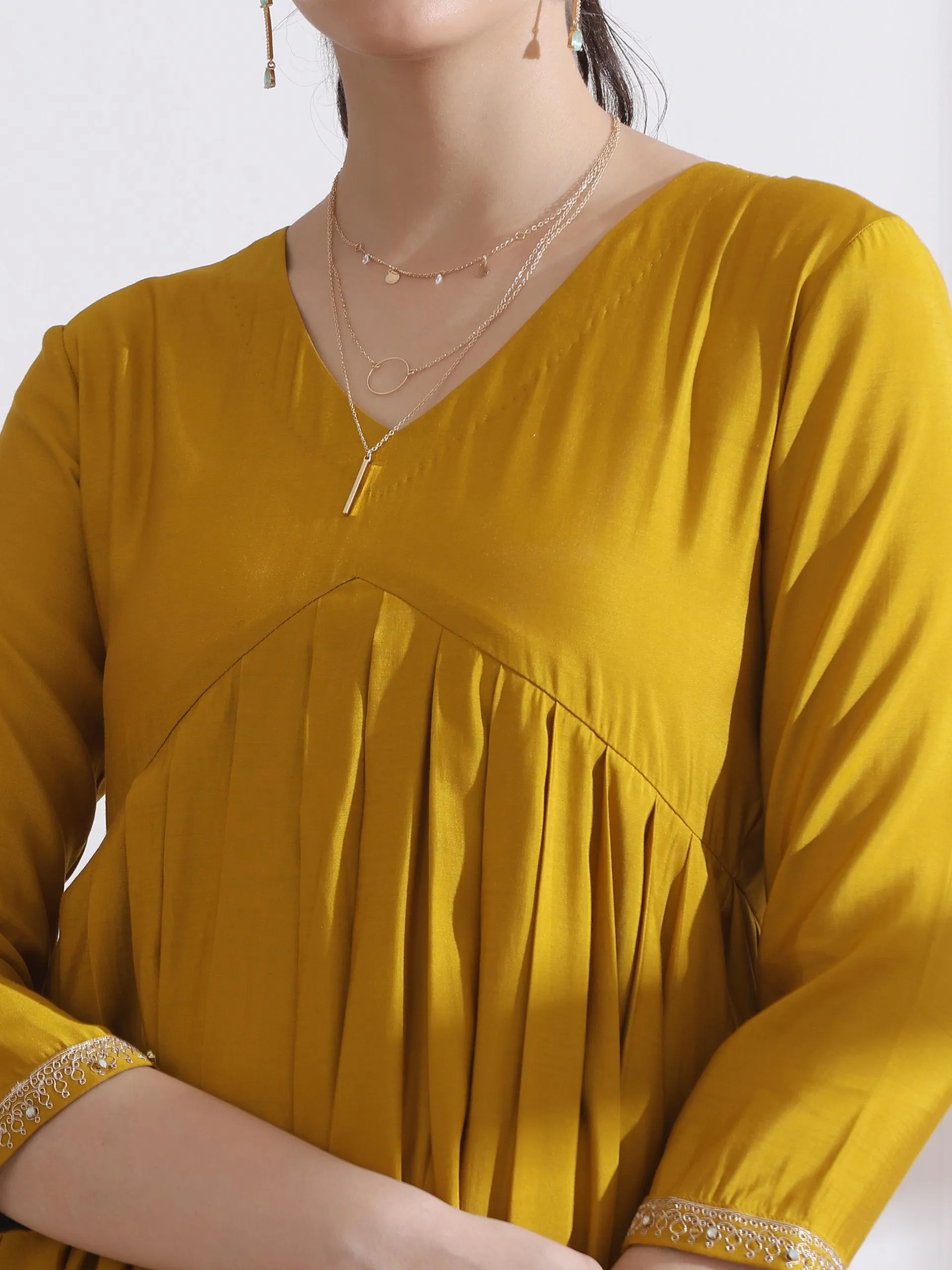 2 Pc Set - Airskin Mustard Kurta With Embroidery On Sleeve And Pants