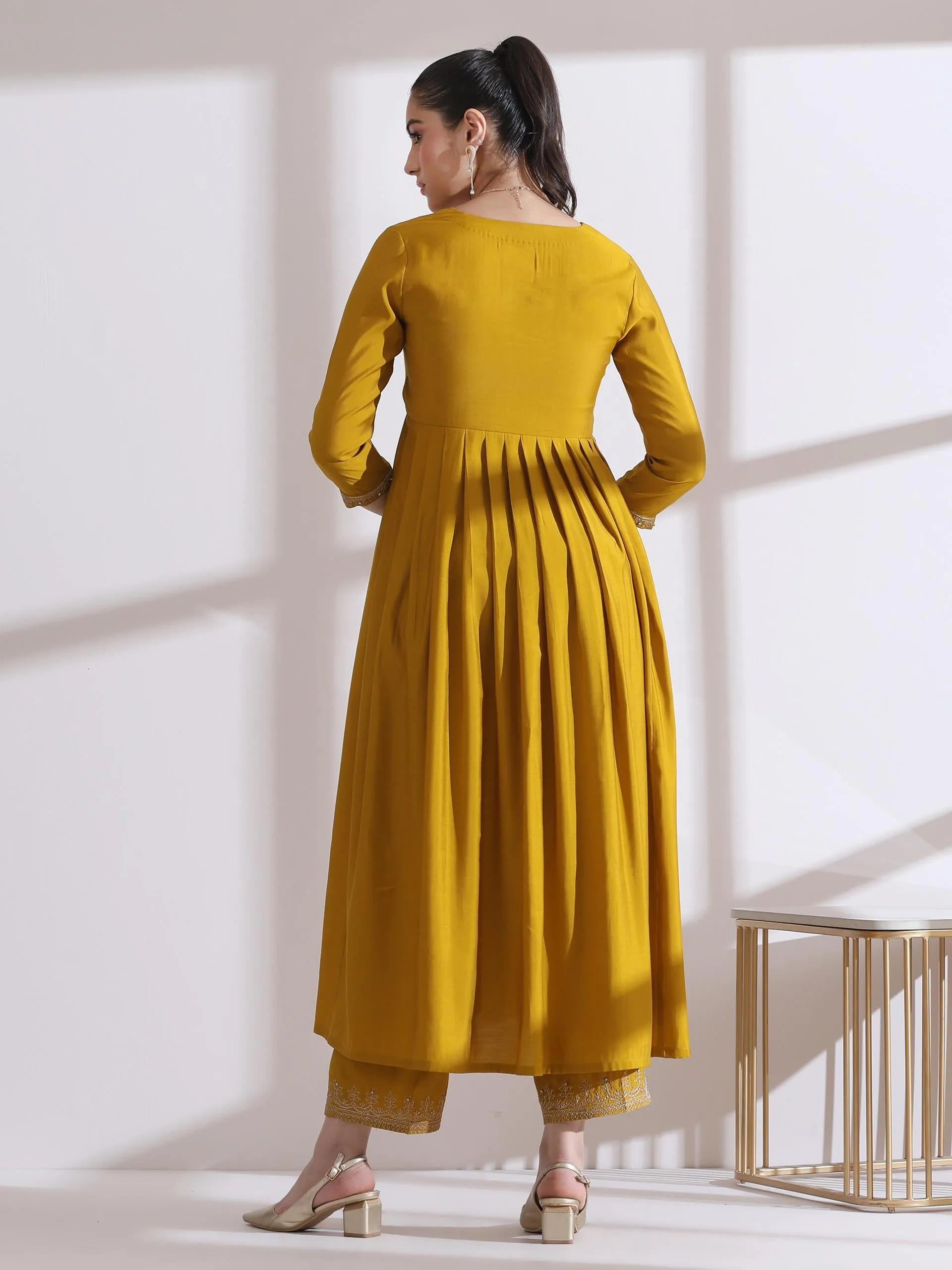 2 Pc Set - Airskin Mustard Kurta With Embroidery On Sleeve And Pants