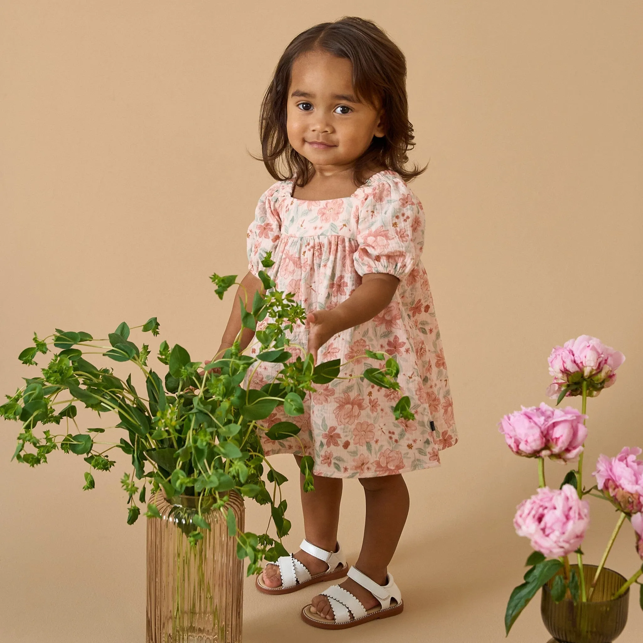 2-Piece Baby Girls Light Rose Watercolor Floral Puffed Sleeve Dress and Diaper Cover