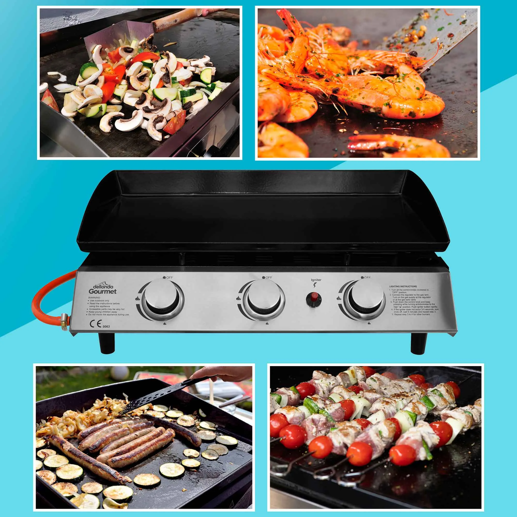 3 Burner Portable Gas Plancha 7.5kW BBQ Griddle with Cover & Trolley - DG250