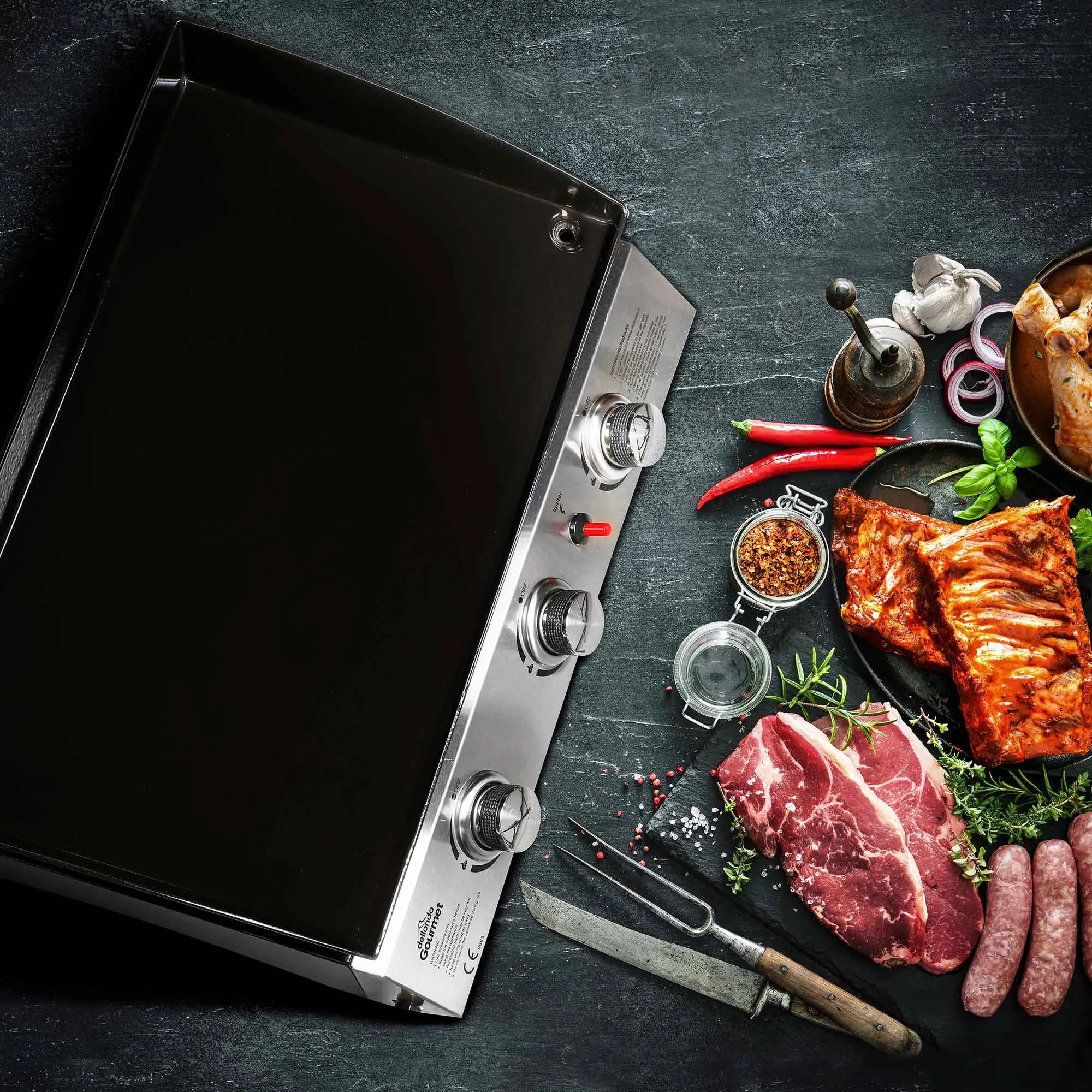 3 Burner Portable Gas Plancha 7.5kW BBQ Griddle with Cover & Trolley - DG250