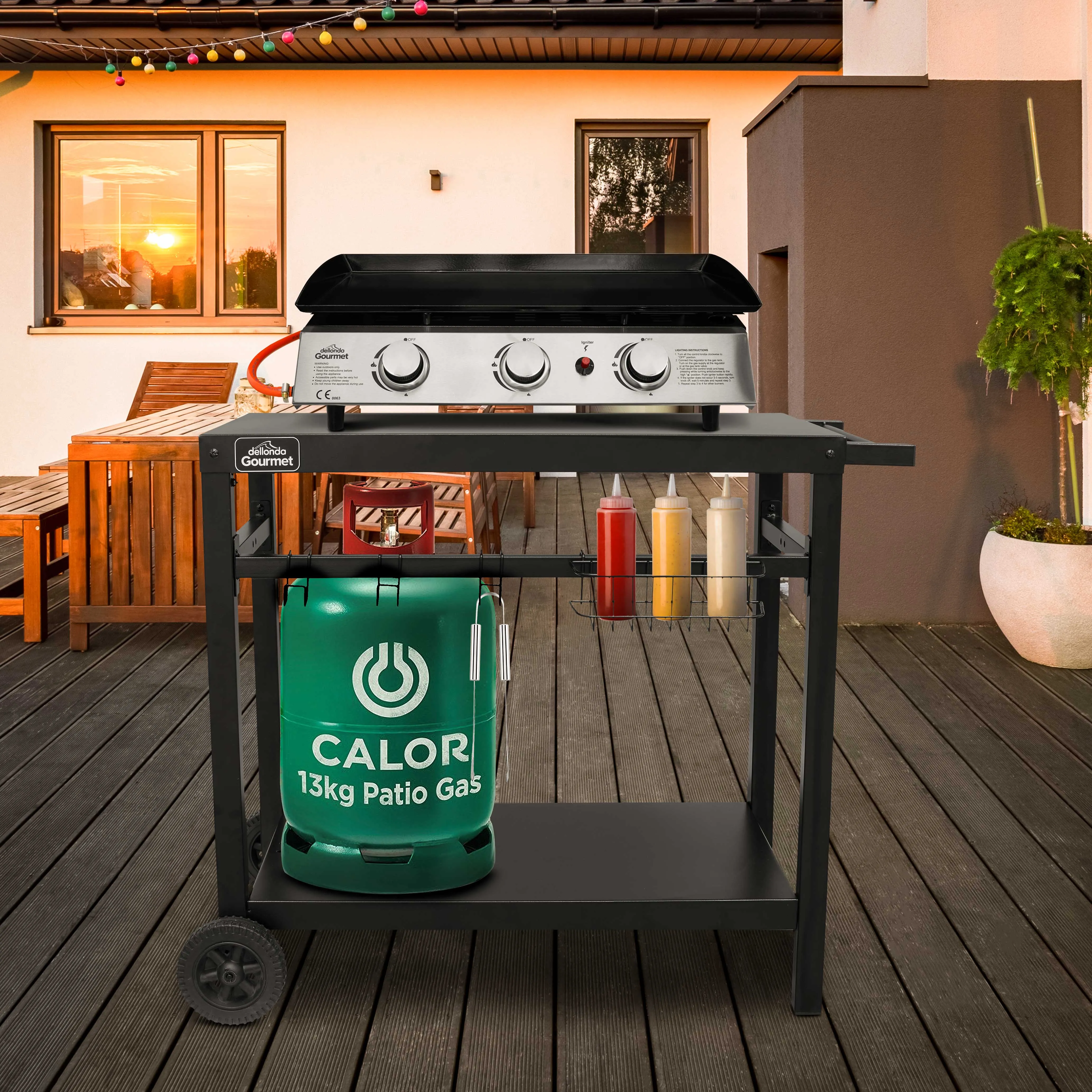 3 Burner Portable Gas Plancha 7.5kW BBQ Griddle with Cover & Trolley - DG250