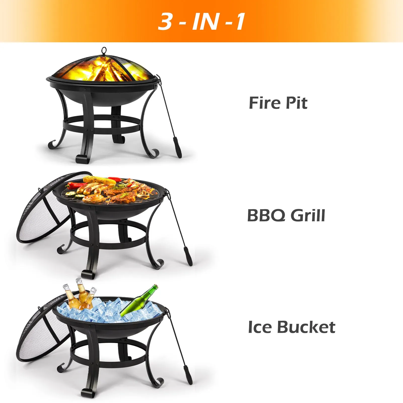 56CM Outdoor 3 in 1 Metal Fire Pit Set for Garden
