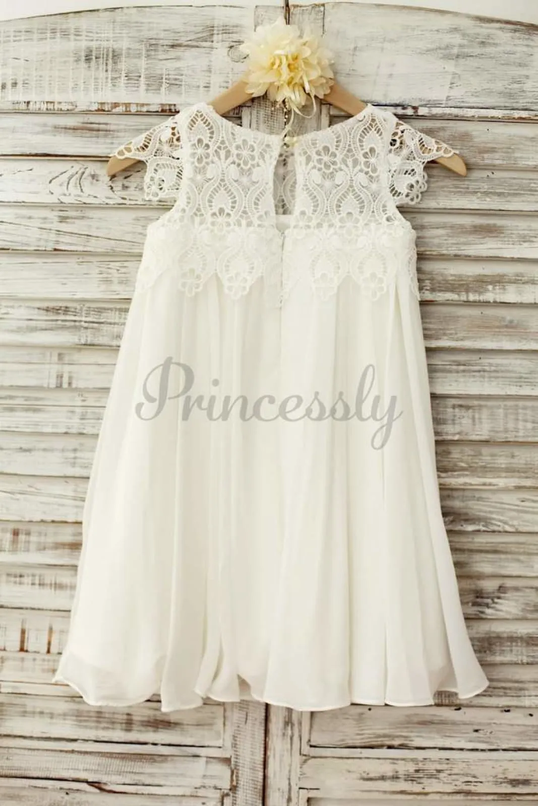 $79 SALE: Boho Beach Lace Cap Sleeves Ivory Chiffon Flower Girl Dress