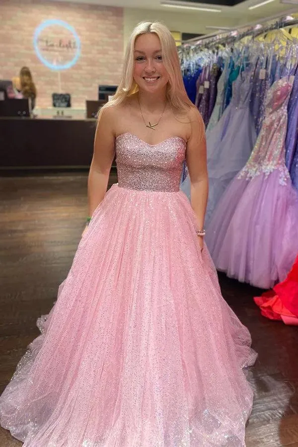 A-Line Light Pink Floor Length Strapless Sparkly Tulle Long Prom Dress TP1205